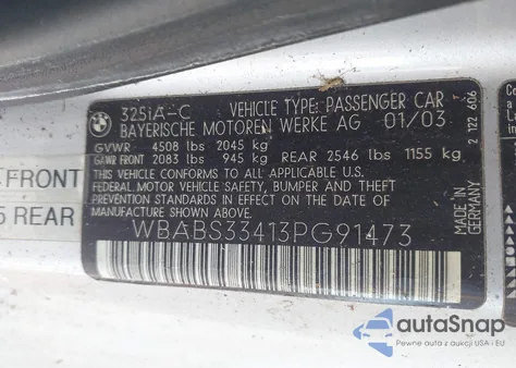 2003 BMW 325Ci из США, поврежденный, VIN WBABS33413PG91473